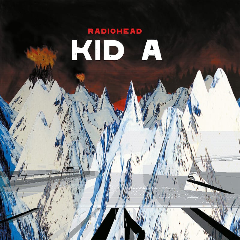 Abstract digital artwork for Radiohead's Kid A, depicting icy computer-generated mountain peaks.
