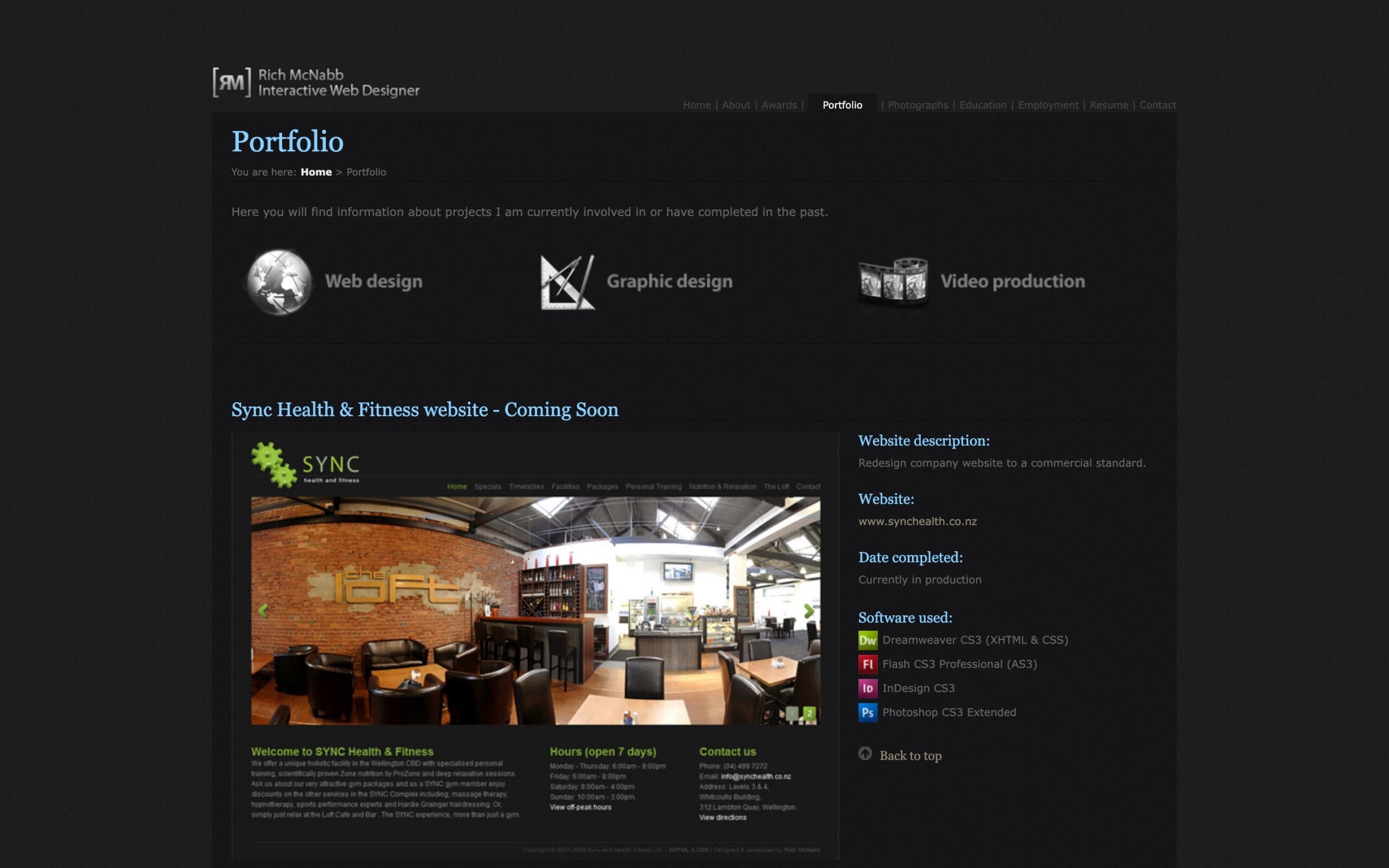 Dark web portfolio page showing the title Rich McNabb interactive web designer and a featured case study section for sync health & fitness website, illustrating mid-2000s design projects.