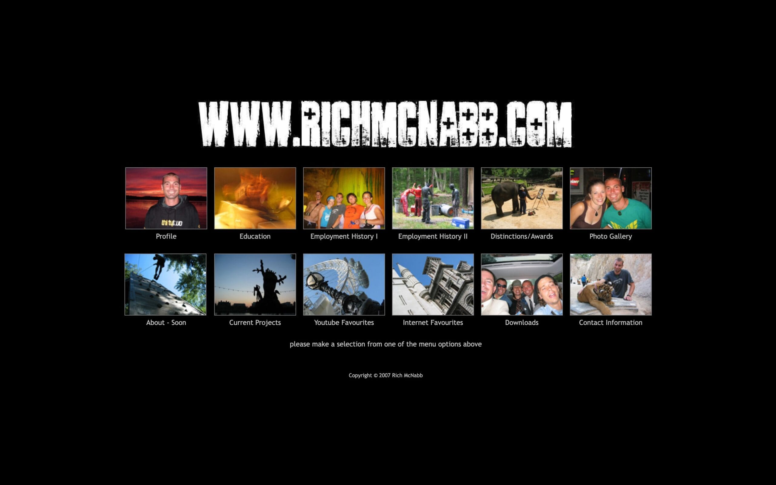 Vintage personal website layout displaying a black background with distressed white text reading www.richmcnabb.com above a grid of twelve photo menu thumbnails, showing early web design work.