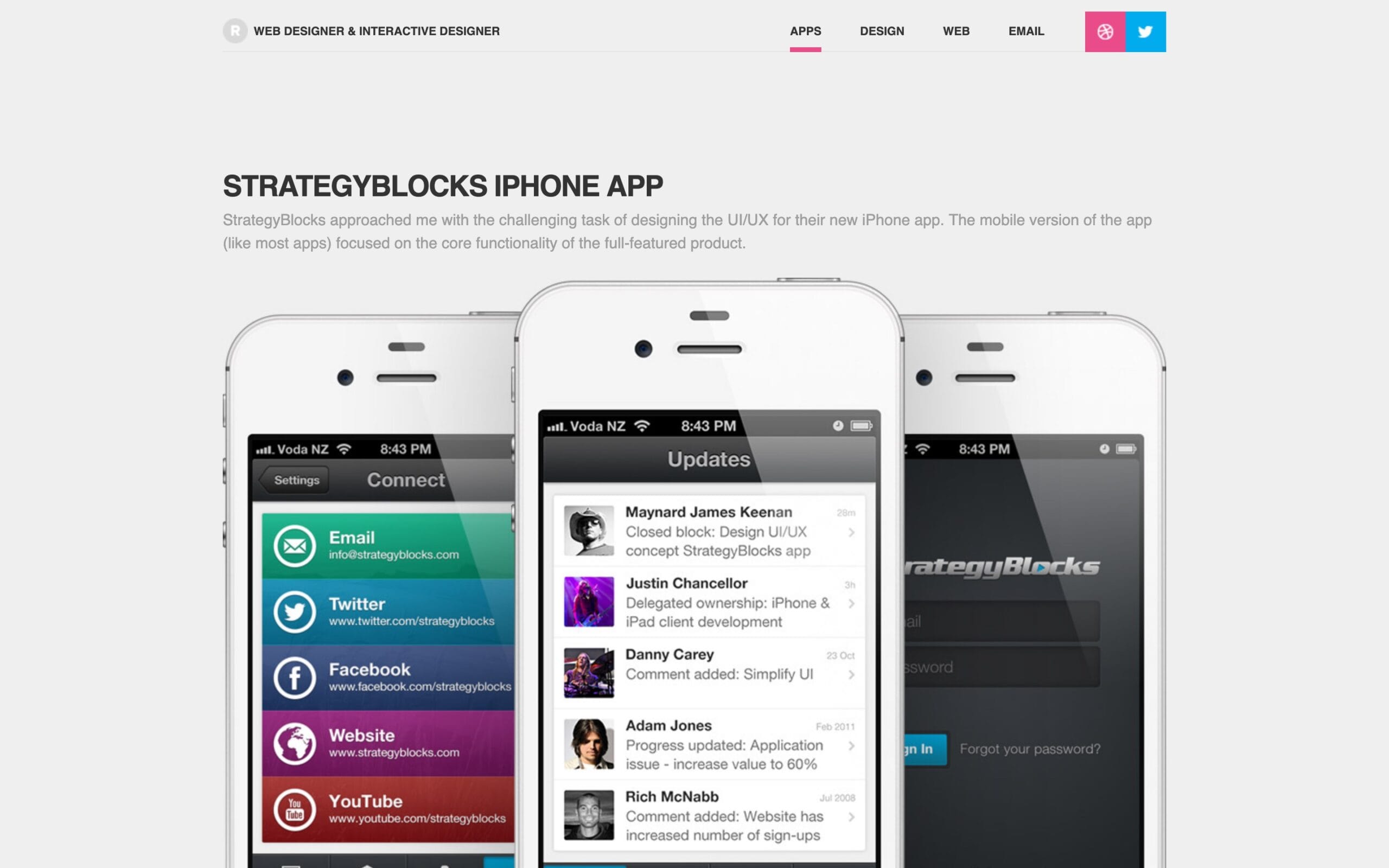 Mobile app showcase layout featuring three white iPhone mockups displaying the StrategyBlocks iOS application interface, demonstrating early mobile product design work.