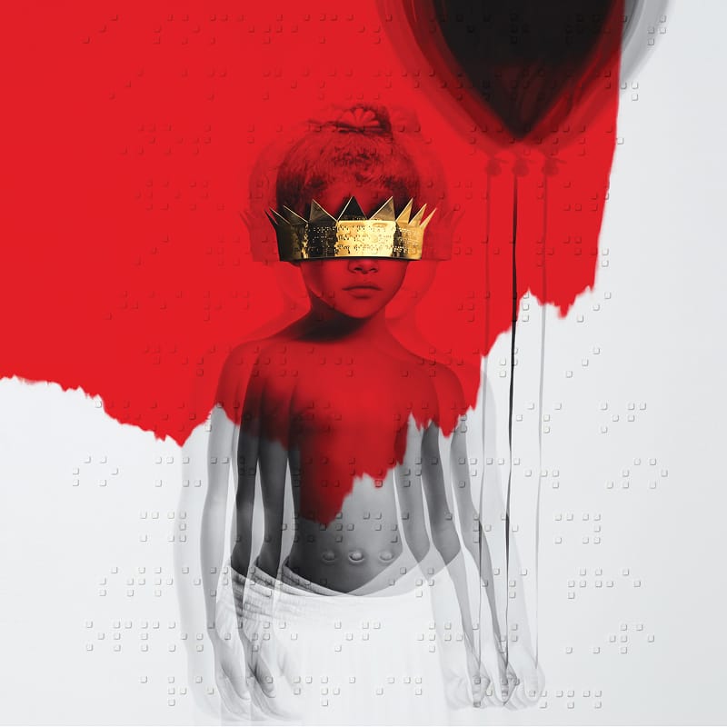 Promotional cover artwork for Rihanna's Anti, featuring a young girl wearing a gold crown over her eyes with braille text.