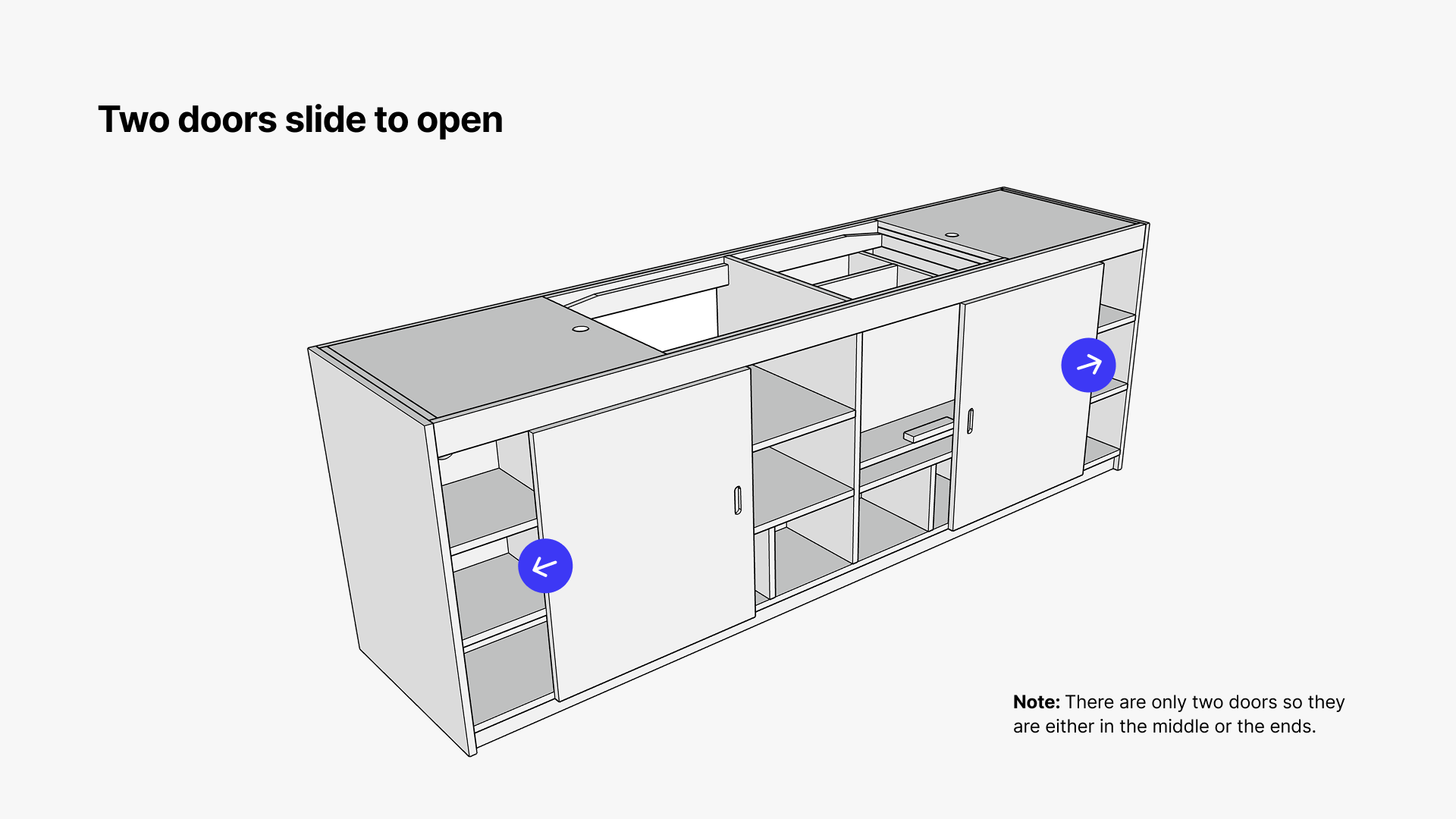 3D schematic of custom Hi-Fi furniture showing two sliding front cabinet doors shifting outward to reveal middle and side storage shelves.