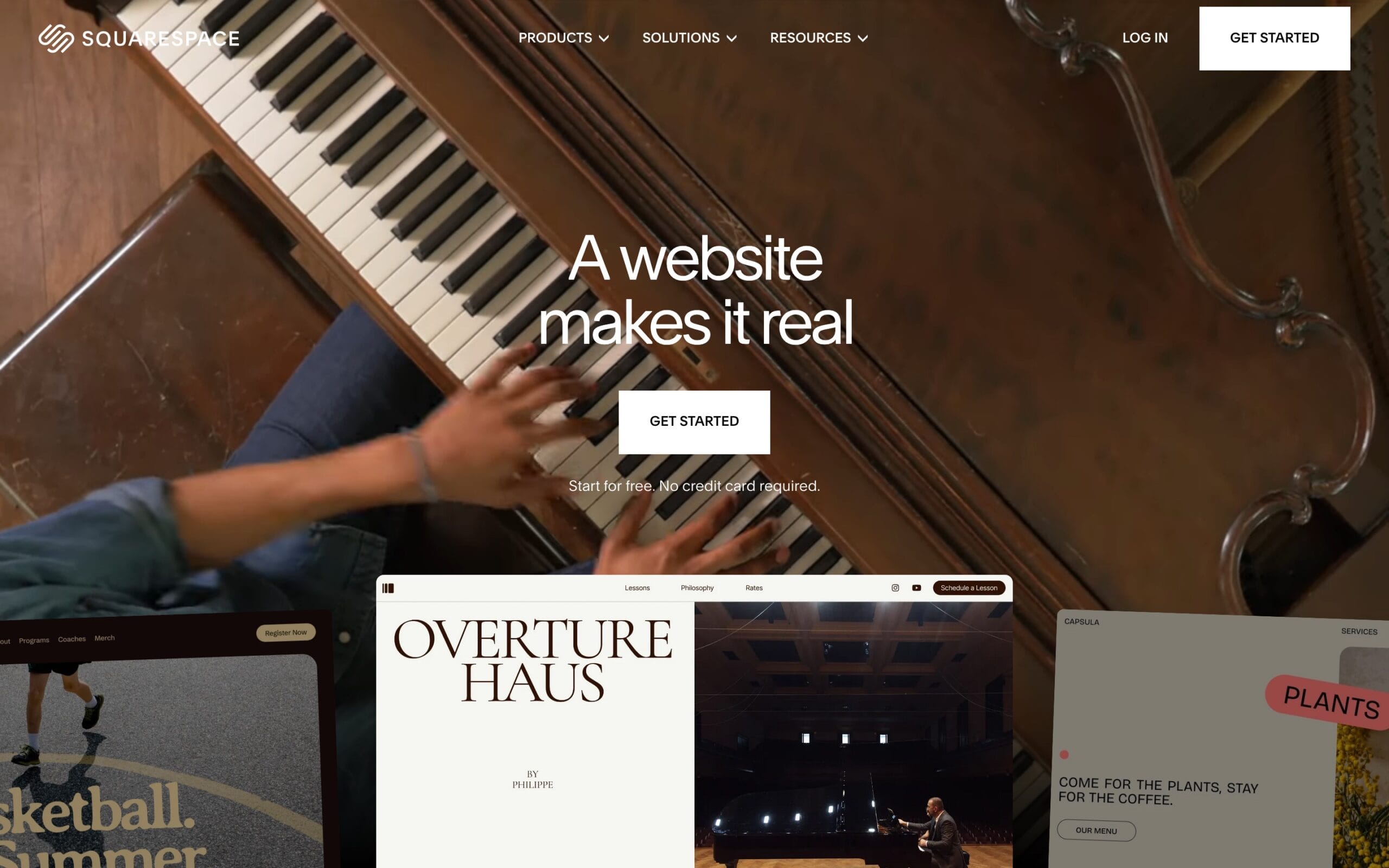 Website platform screenshot showing the Squarespace landing page featuring an overhead view of hands playing a upright piano with text reading a website makes it real, demonstrating creative site building options.