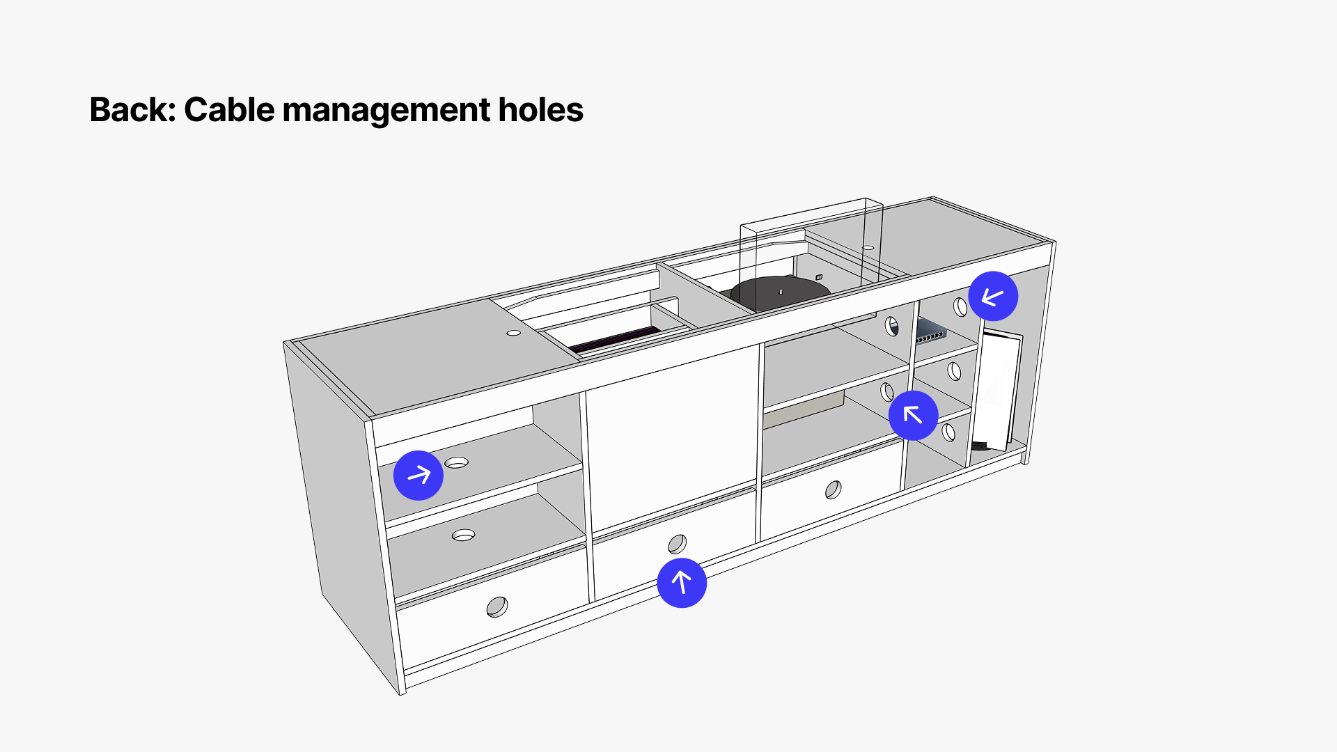 Technical 3D line diagram displaying the rear of a custom Hi-Fi furniture unit, with blue indicator arrows pointing to integrated cable management pass-through holes on internal shelves and back panels.