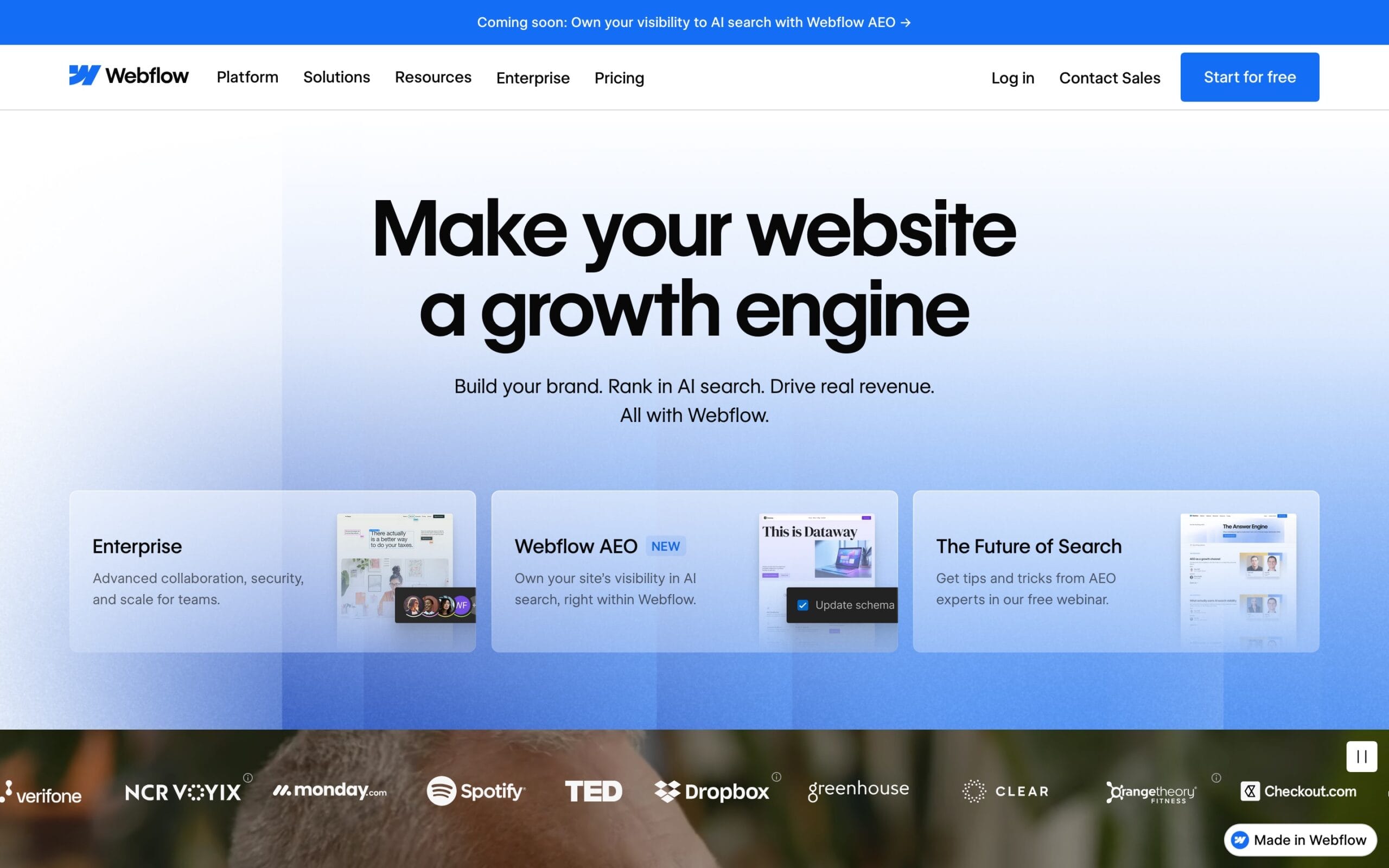Visual development interface showing the Webflow homepage with hero headline reading make your website a growth engine above feature cards and client logos, showcasing modern web creation tools.