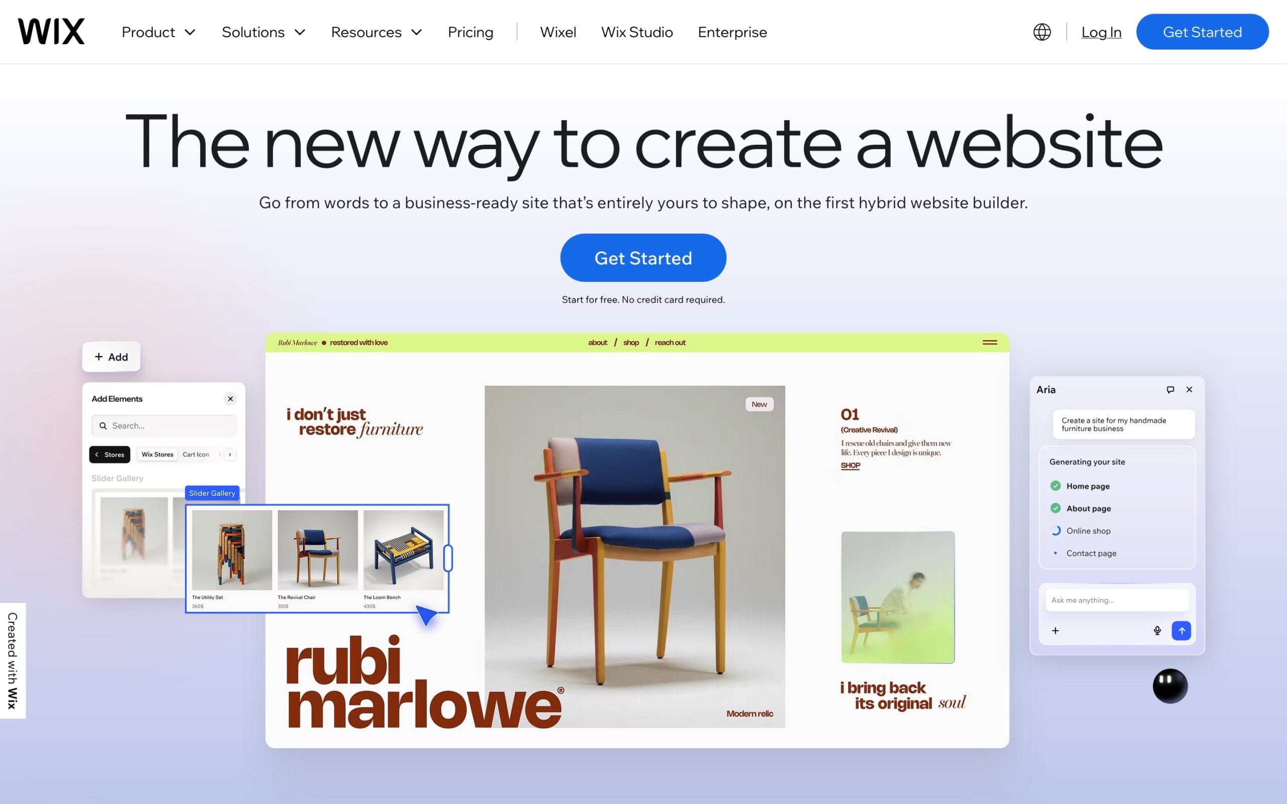 Interactive platform UI showing the Wix homepage featuring headline reading the new way to create a website alongside visual block editing controls and template previews, highlighting accessible web building options.