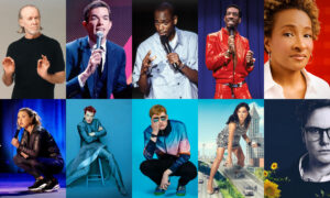 Photo collage grid featuring famous comedians performing in top stand-up comedy specials.