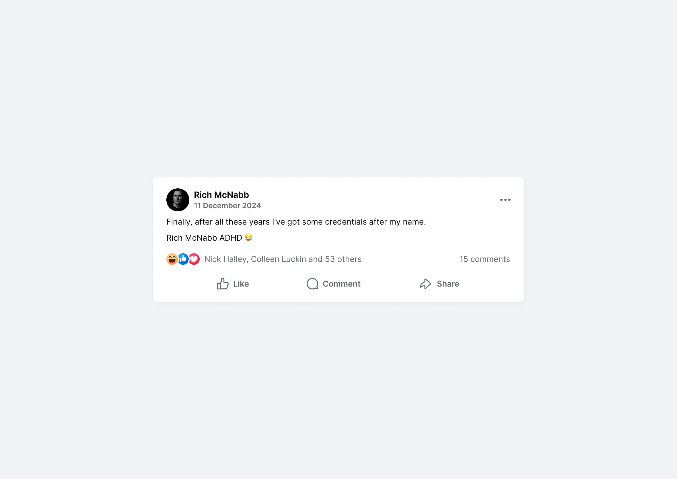 Facebook post by Rich McNabb joking about adding "ADHD" as credentials after his name.