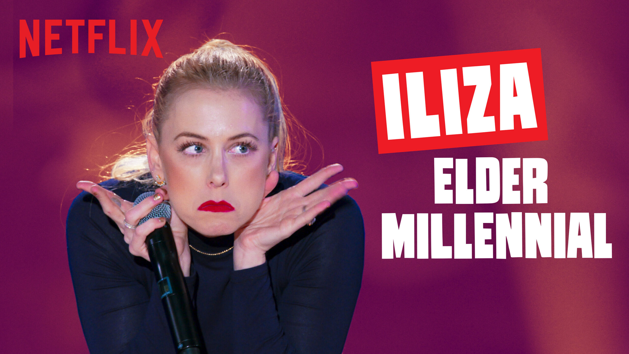 Promo image for Iliza Shlesinger's stand-up comedy special Elder Millennial with Shlesinger posing against a dark background.