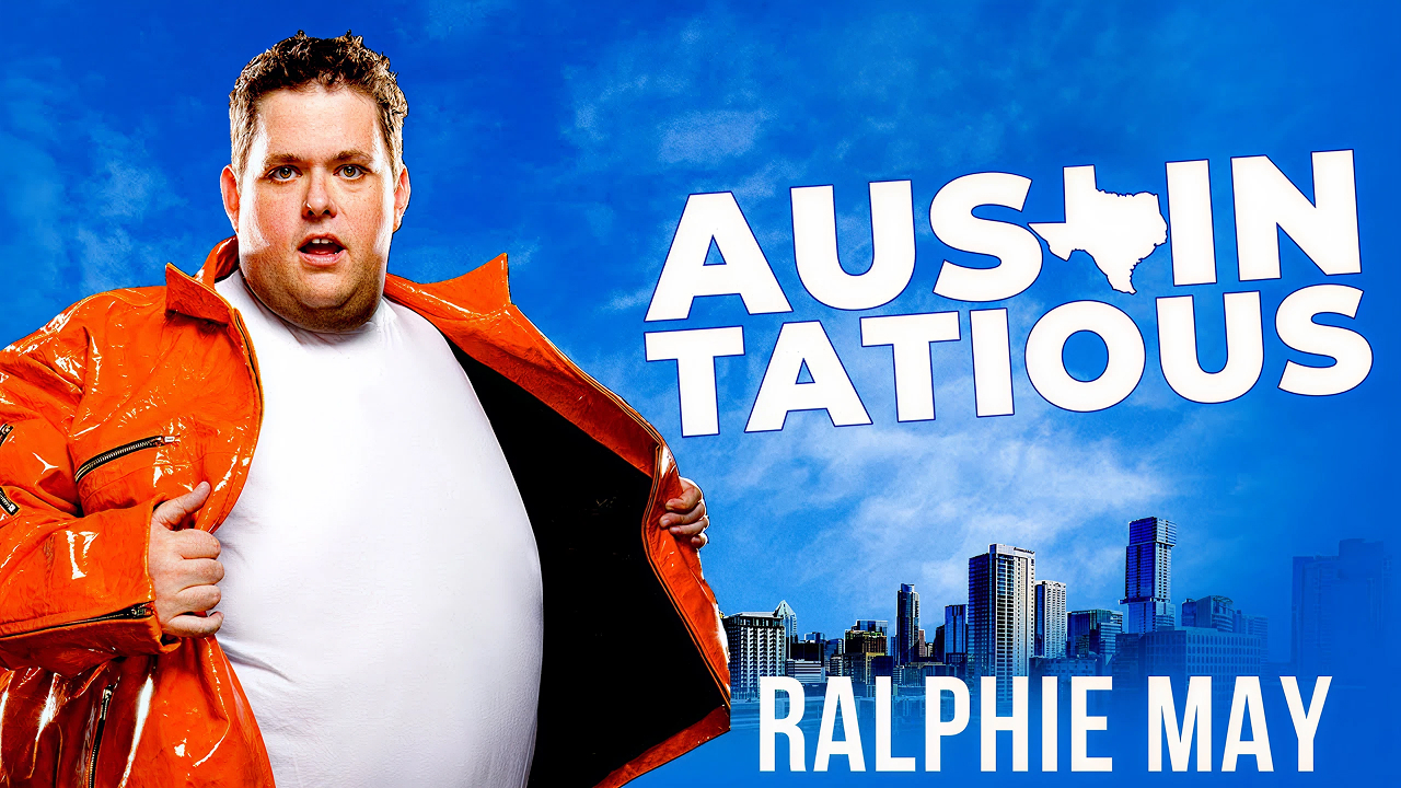Title artwork for Ralphie May's stand-up comedy special Austin-Tatious showing May in a white jacket.
