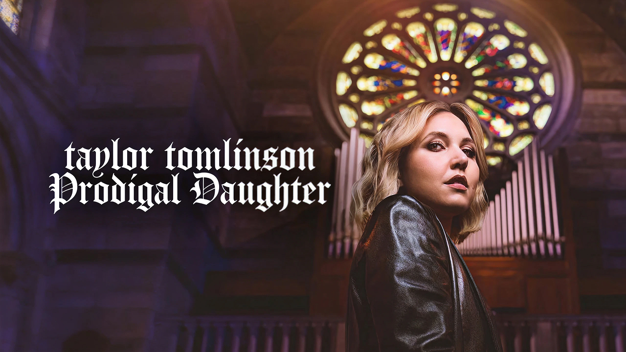 Promotional graphic for Taylor Tomlinson's stand-up comedy special Prodigal Daughter featuring a portrait of Tomlinson on stage.
