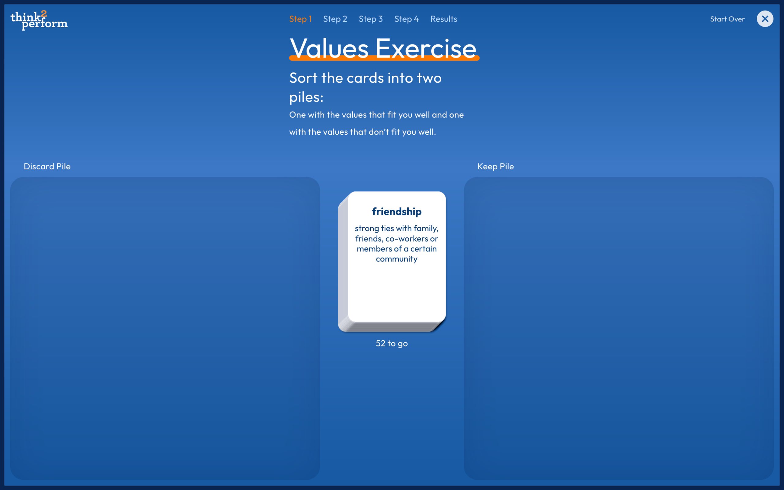 Think2Perform Values Exercise interface showing Step 1: sorting 52 card values into Keep and Discard piles.