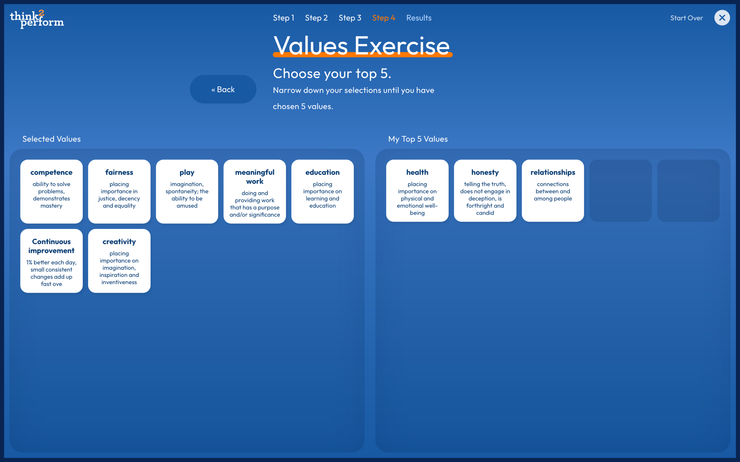 Think2Perform Values Exercise interface showing Step 4: narrowing selected values down to the top 5.