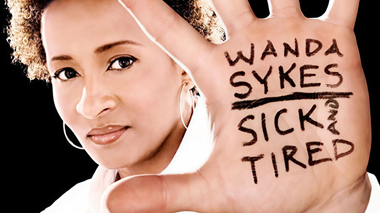 Promotional image for Wanda Sykes' stand-up comedy special Sick and Tired showing Sykes peering through her hands.