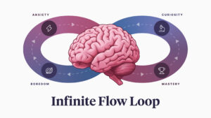 Infinite flow loop diagram showing anxiety, curiosity, mastery and boredom around a brain