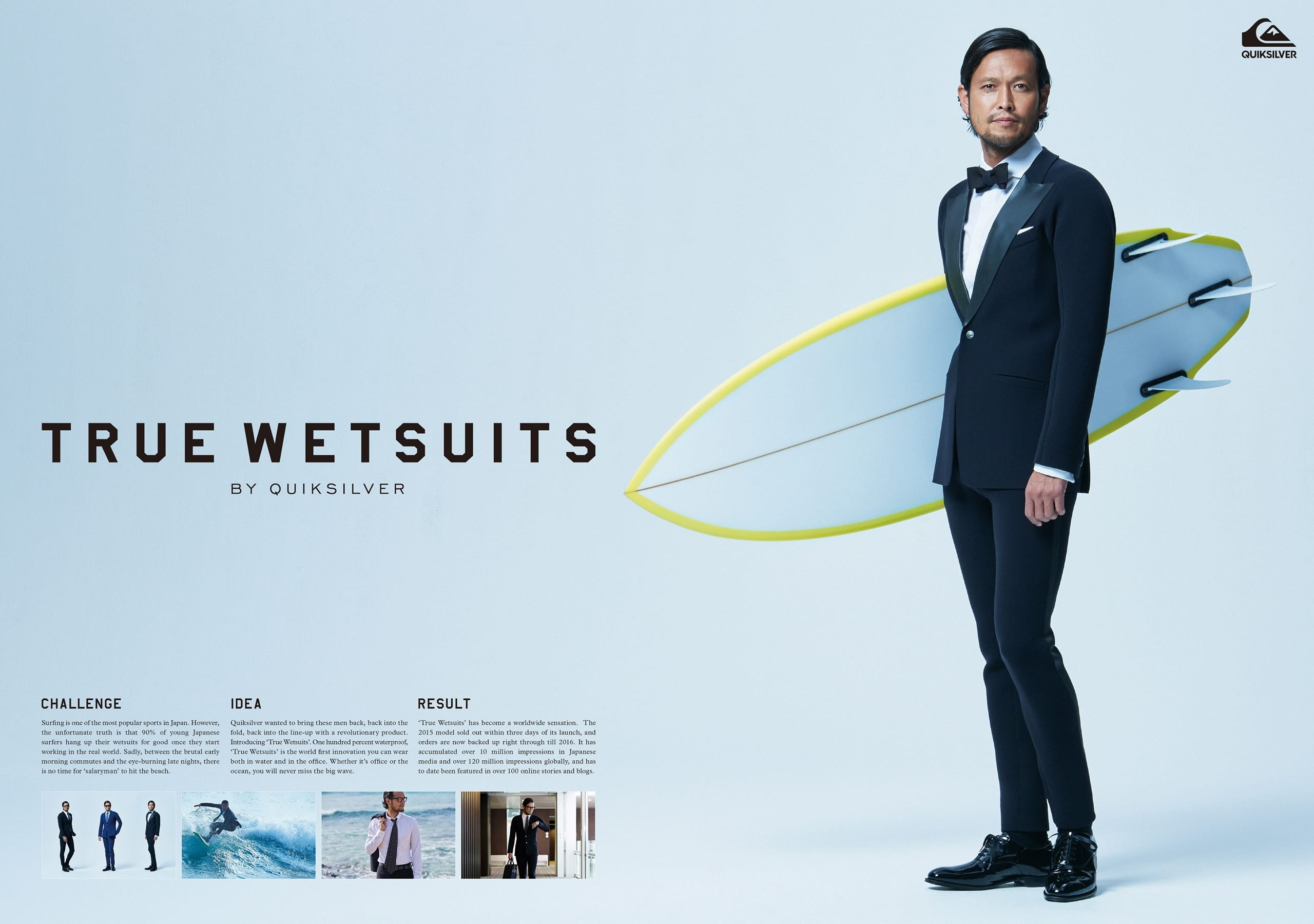 A man in a black tuxedo and bow tie holding a light blue surfboard, next to text reading "True Wetsuits by Quiksilver."