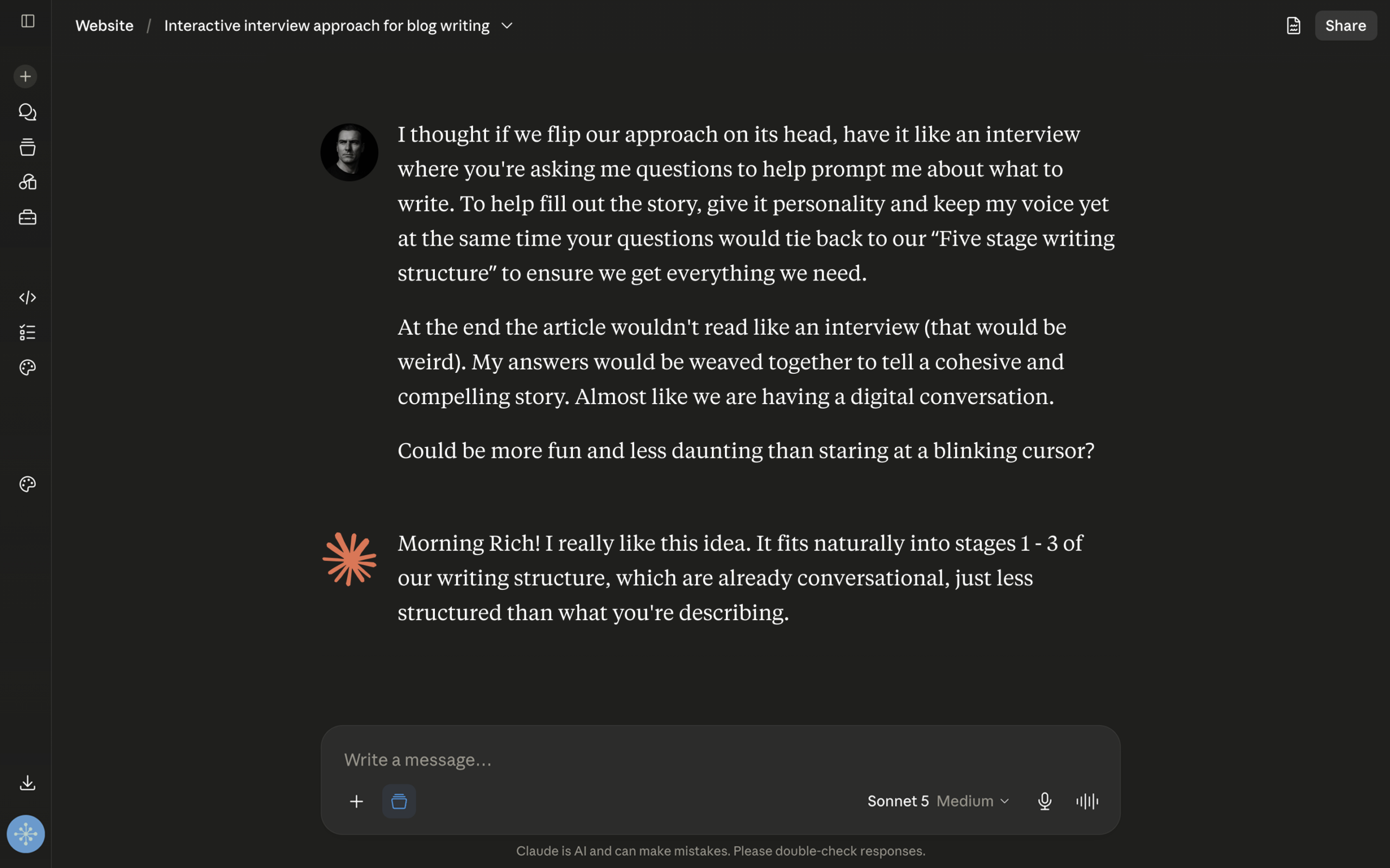 Chat interface window displaying a conversational prompt from the designer proposing an interactive interview structure to draft blog content effectively.