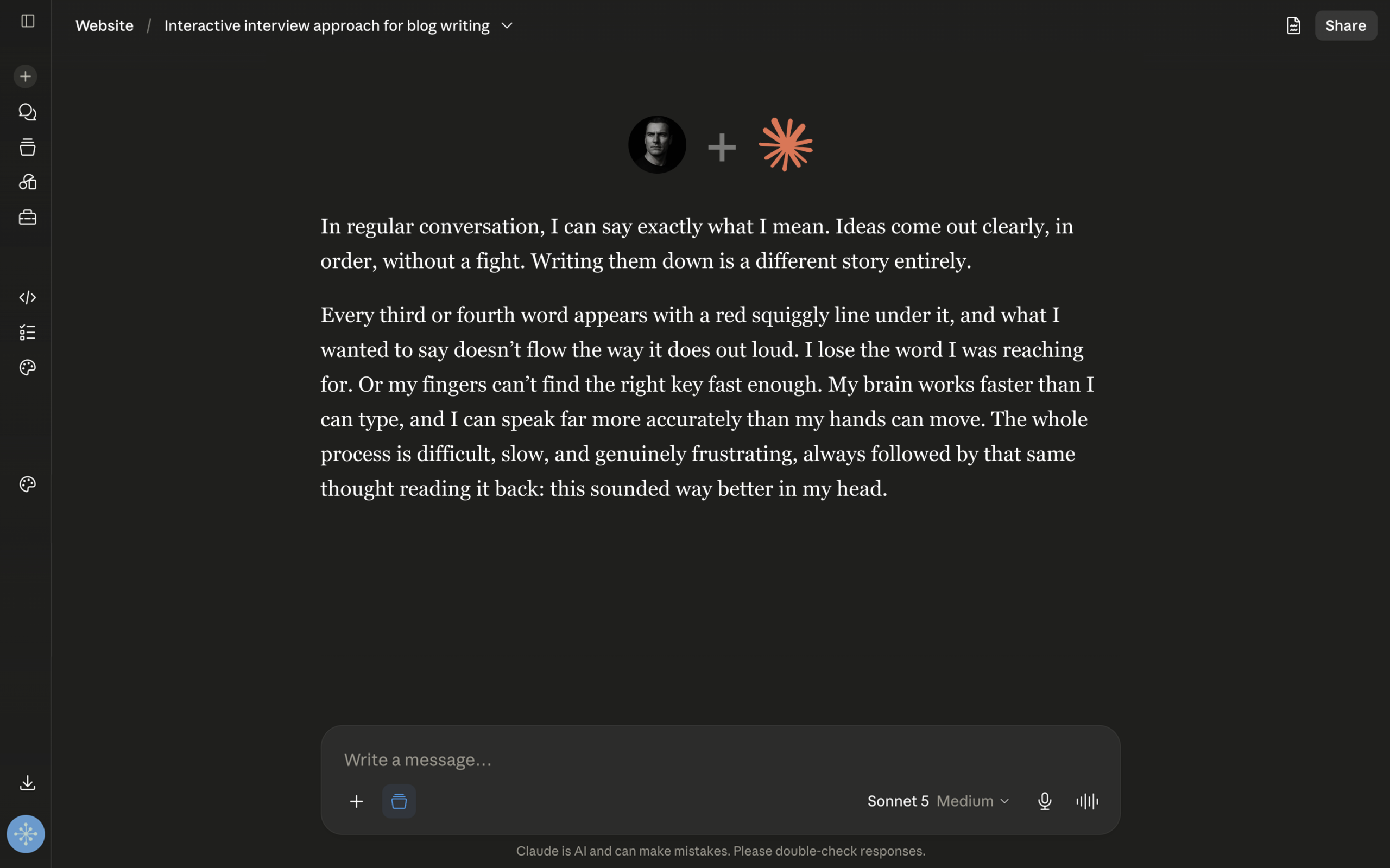 Dark interface screenshot showcasing a refined paragraph of text written by the designer detailing the difficulty of translating spoken thoughts into written words.