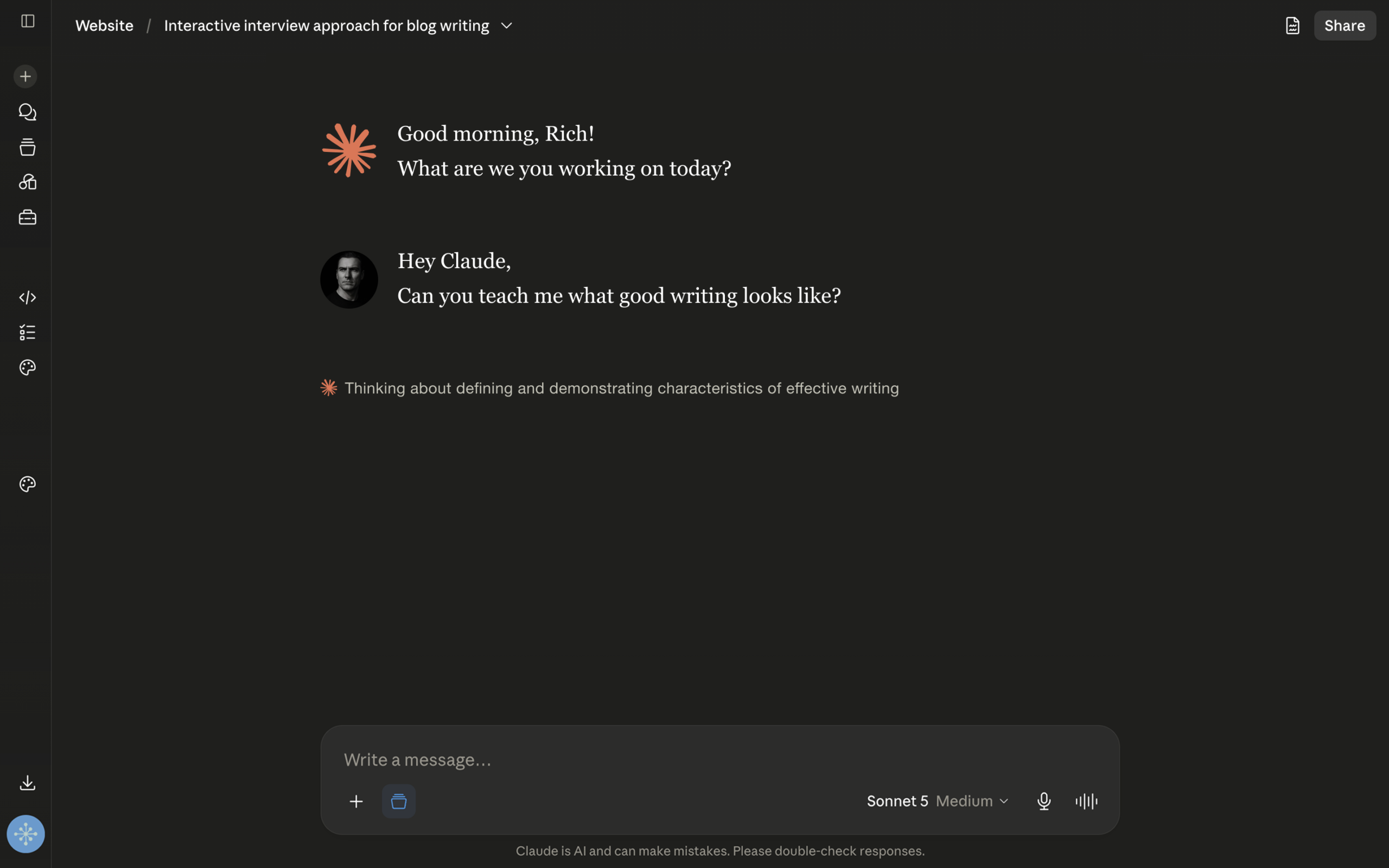 Conversational screen showing an introductory prompt asking the AI assistant to teach effective writing habits, initiating the reverse-prompting workflow.