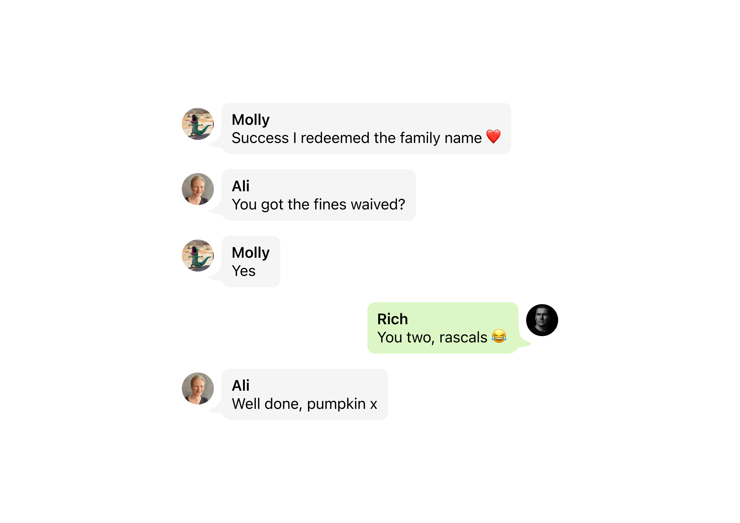 Screenshot of a WhatsApp group chat thread between Molly, Ali, and Rich discussing getting library fines waived, highlighting candid everyday human interactions.