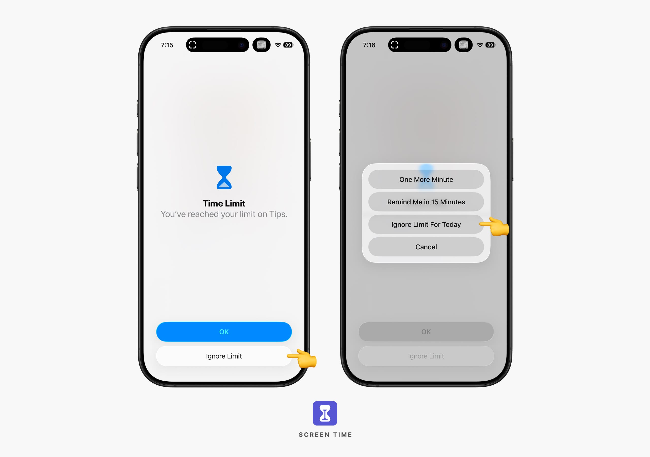 Two iPhone screens showing Apple Screen Time App Limit alert and ignore limit options