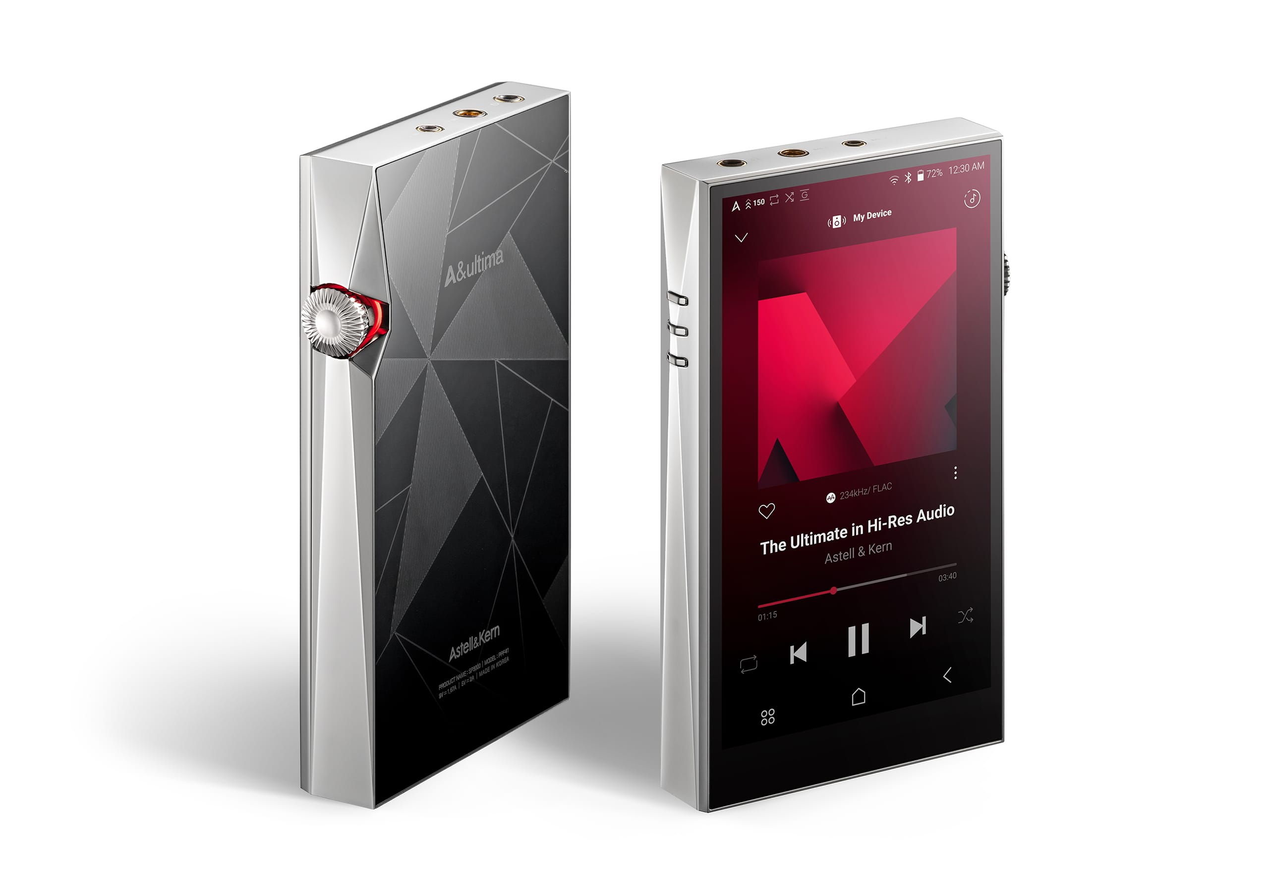 Front and back view of a silver metallic Astell&Kern A&ultima SP3000 high-resolution digital audio player, displaying a full-screen music player UI on the front device and geometric faceting with a volume wheel on the back device.