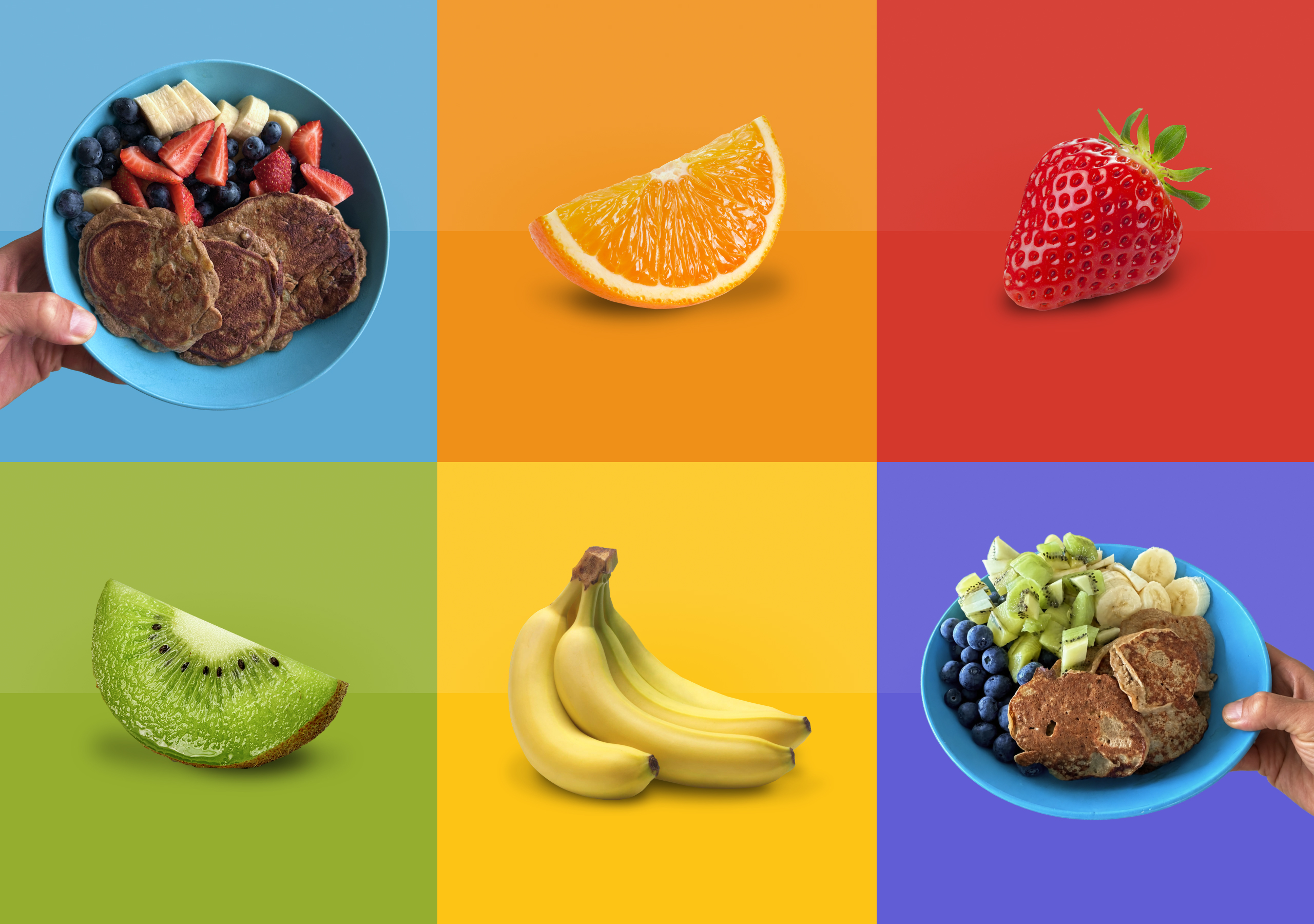 Colourful grid featuring protein pancake bowls topped with fresh fruit like strawberries, bananas, blueberries, and kiwi