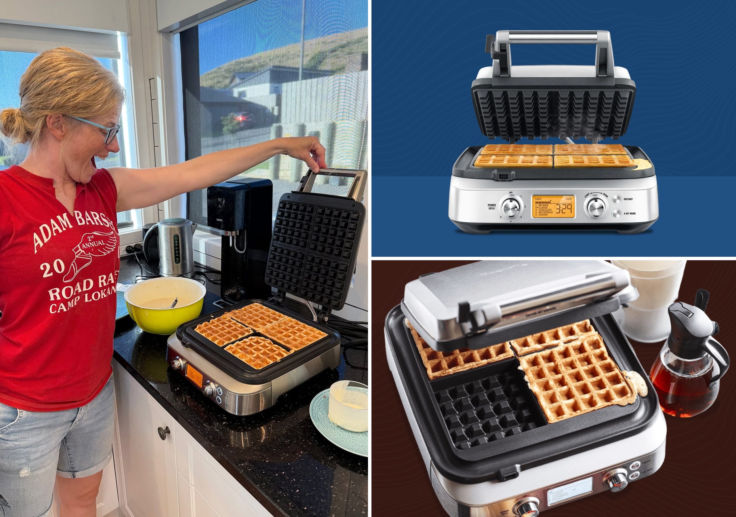 A collage showing a blonde woman in a red tank top enthusiastically lifting the lid of a Breville Smart Waffle Maker in a bright kitchen, alongside product marketing shots displaying four golden-brown waffles cooking on non-stick plates