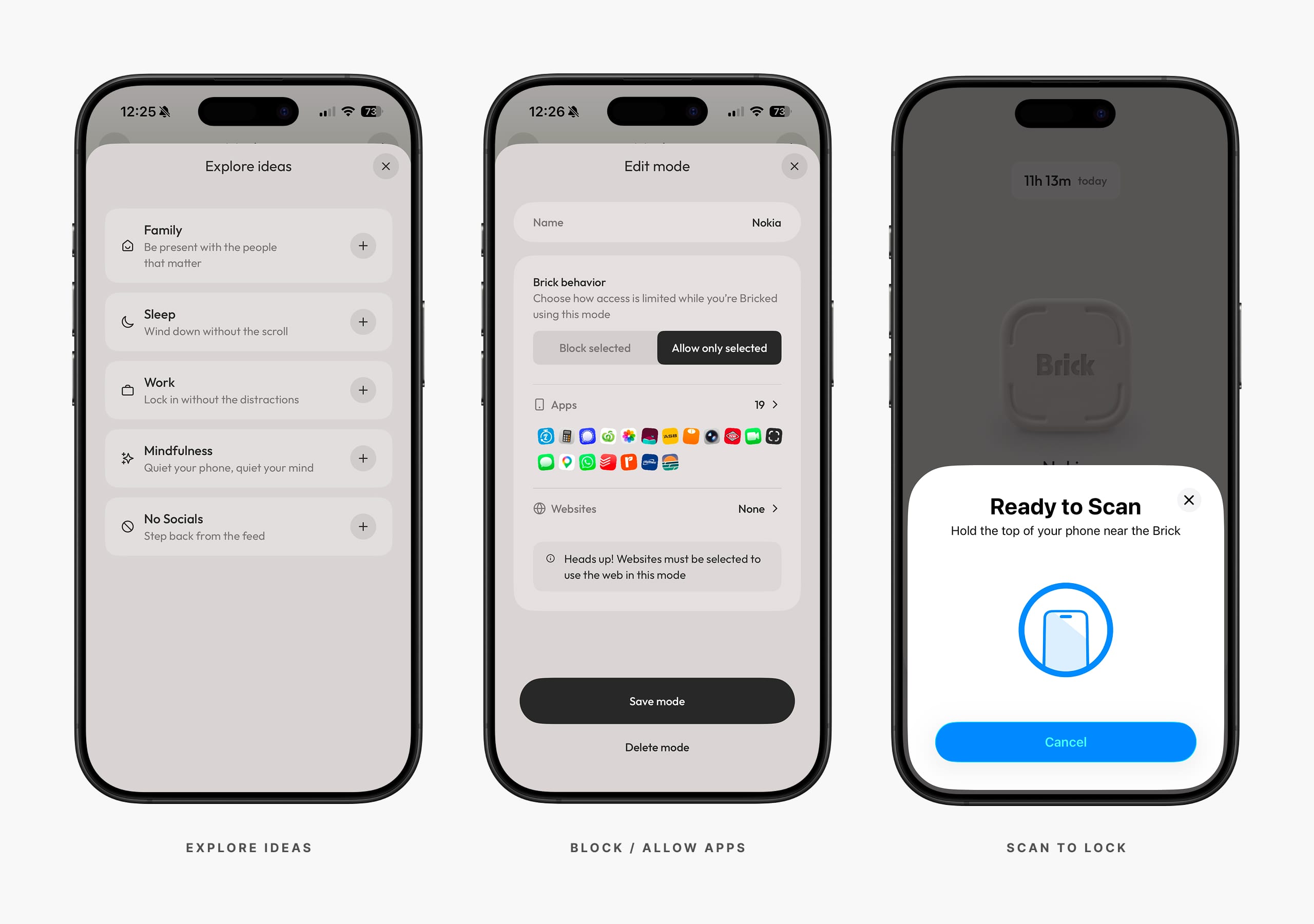 Three iPhone screens showing Brick app mode ideas, app permissions configuration, and NFC scan to lock prompt