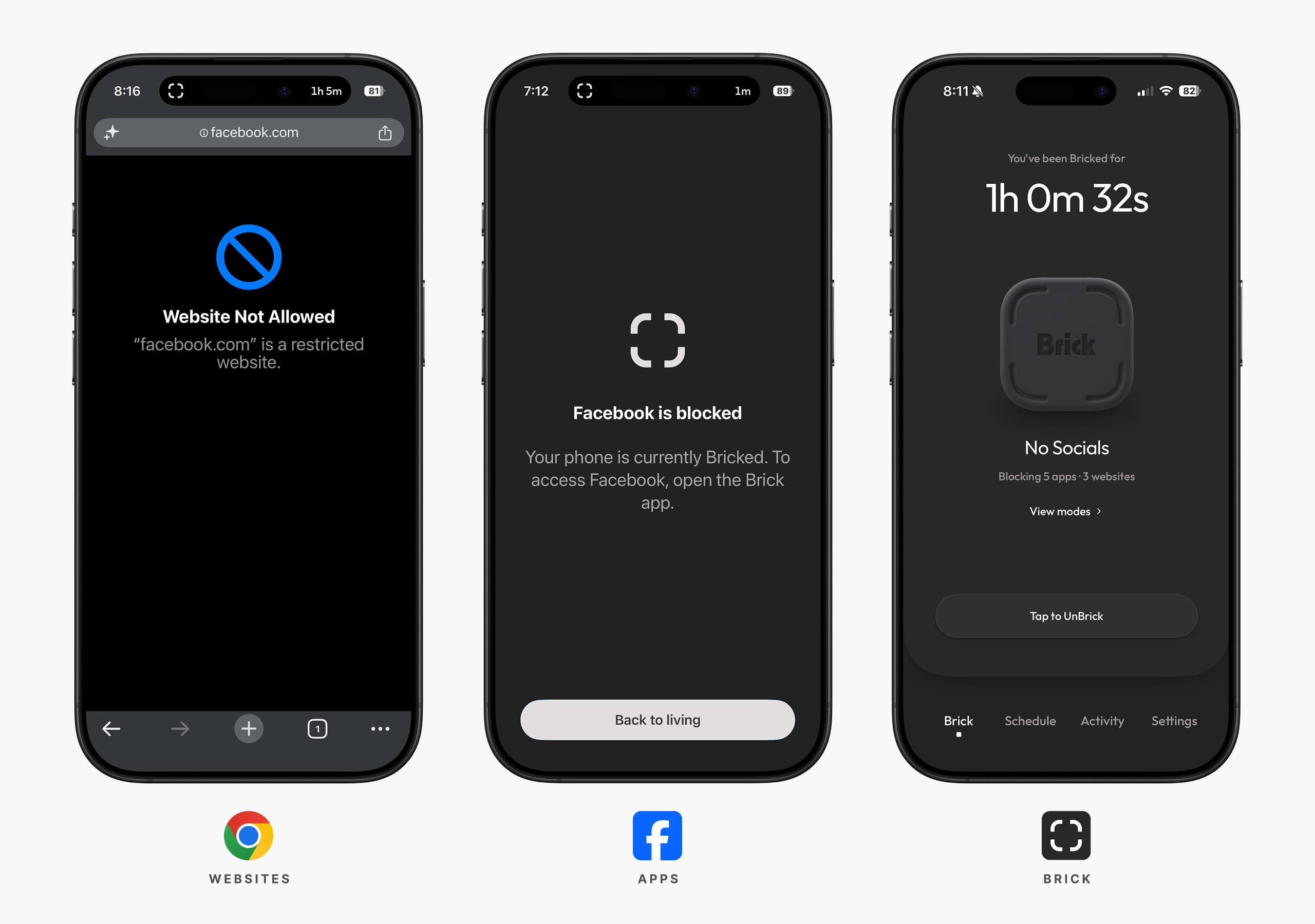 Three iPhone screens demonstrating the Brick app blocking website access, app access, and displaying the active block timer