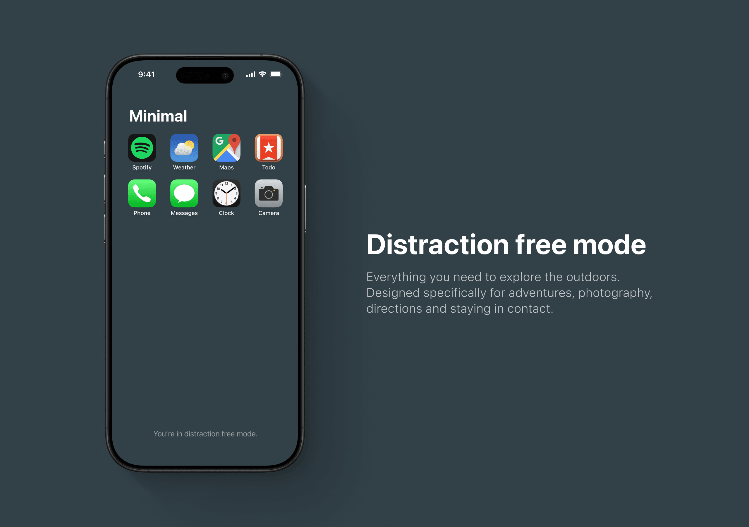 UI concept showing an iPhone home screen in Distraction Free Mode with only eight essential apps