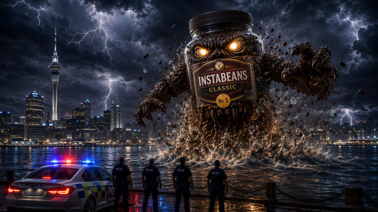 A giant coffee-bean monster bursting from a jar labelled Instabeans looms over the Auckland skyline as police look on.