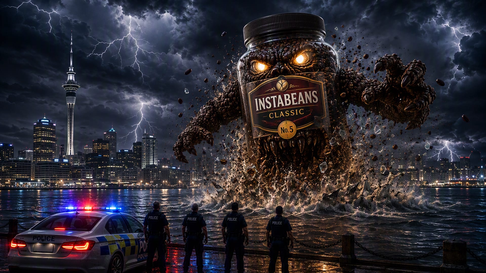 A giant coffee-bean monster bursting from a jar labelled Instabeans looms over the Auckland skyline as police look on.