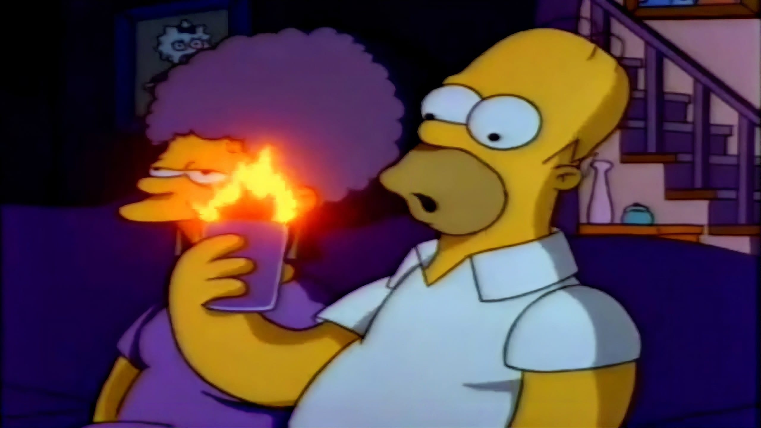Homer Simpson looking wide-eyed while holding a flaming cocktail cup in a dimly lit living room next to Patty or Selma