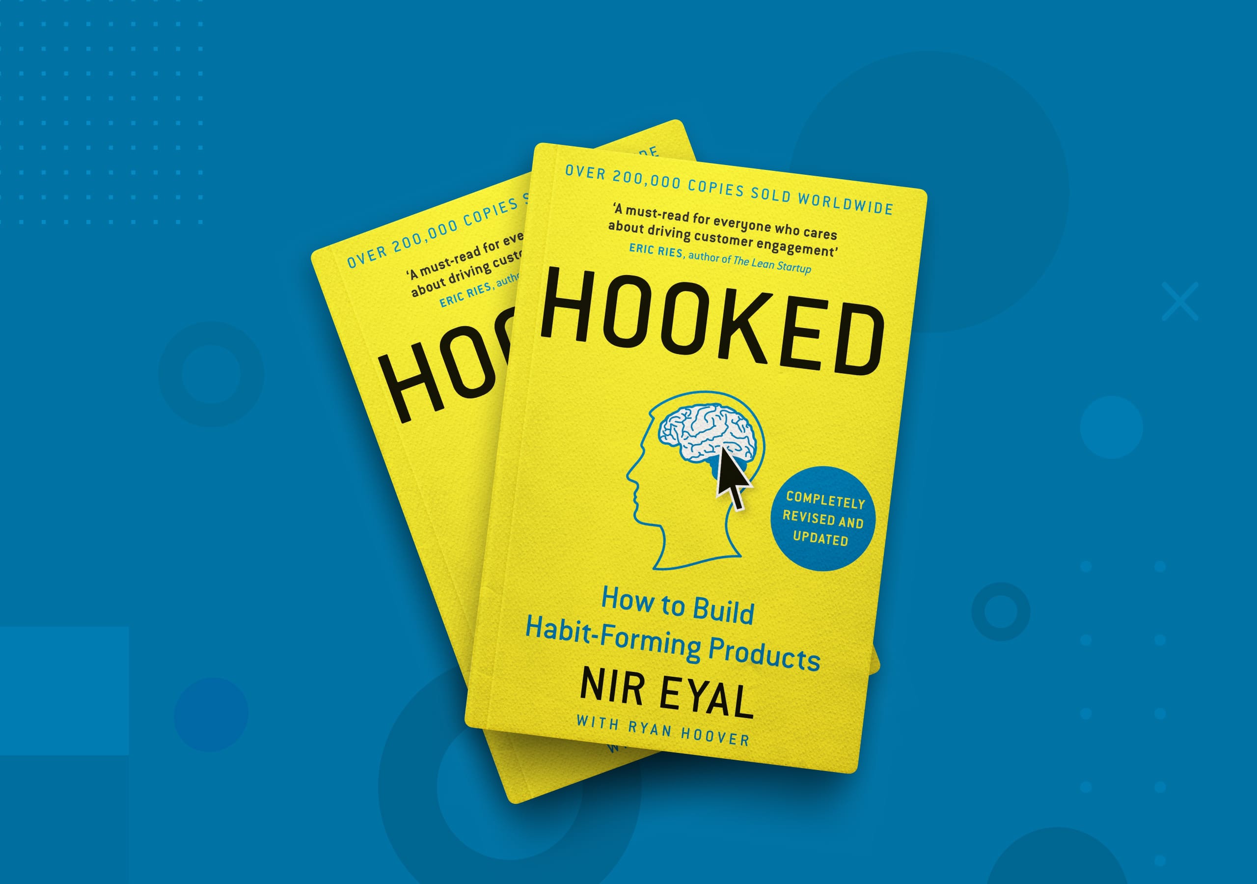 Yellow front cover of the book Hooked: How to Build Habit-Forming Products by Nir Eyal featuring an illustration of a human head silhouette with a brain inside