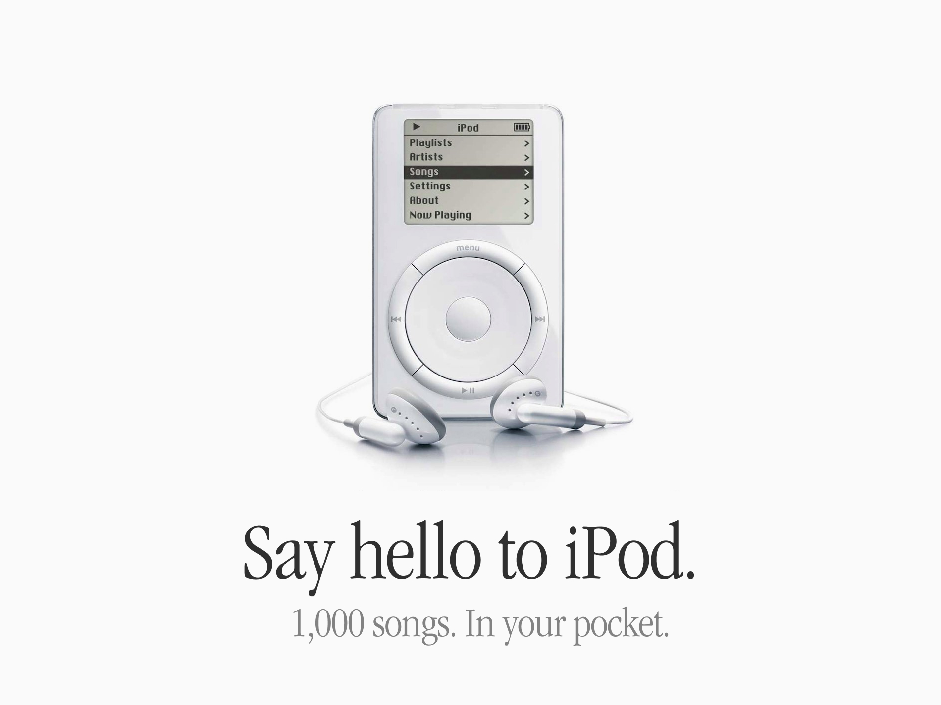 The original Apple iPod print ad: "Say hello to iPod, 1,000 songs in your pocket."