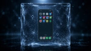 A smartphone encased inside a clear block of ice with frozen water droplets and visible social media app notification badges on screen.