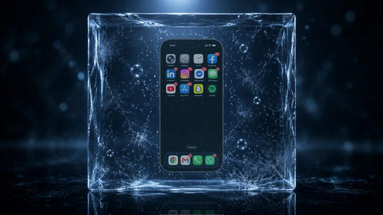 A smartphone encased inside a clear block of ice with frozen water droplets and visible social media app notification badges on screen.