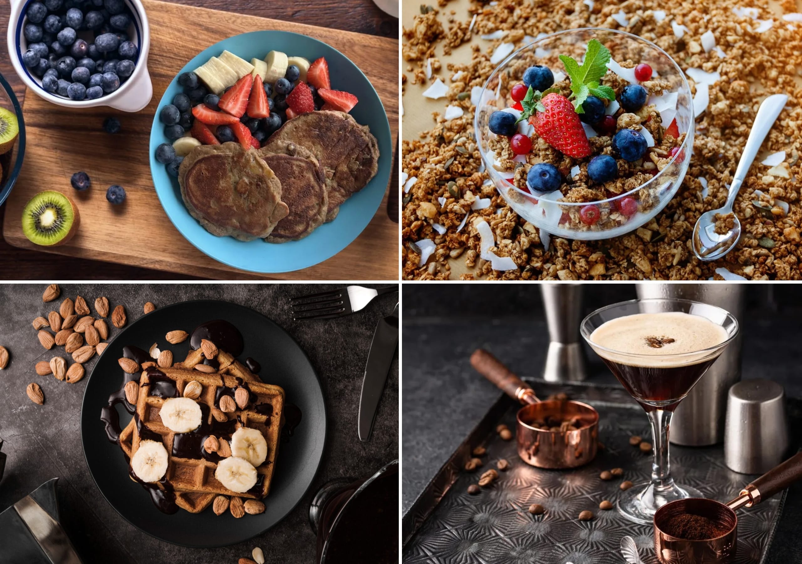 Four-panel grid of post-surf recipes, banana pancakes, berry granola, chocolate waffles and an espresso martini.